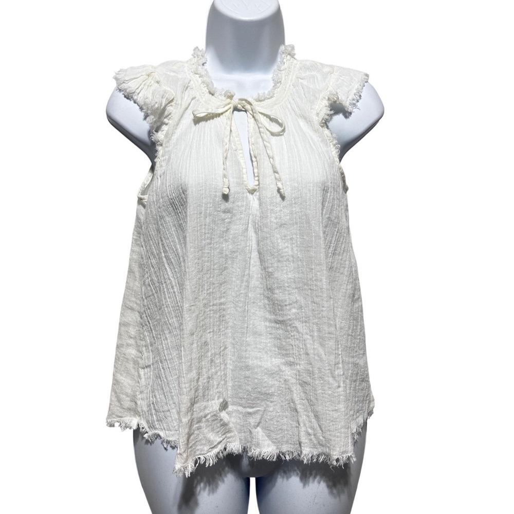 Aerie Women Romantic Blouse Top S Ivory Gauze Tie Neck Raw Hem Whimsical Cottage